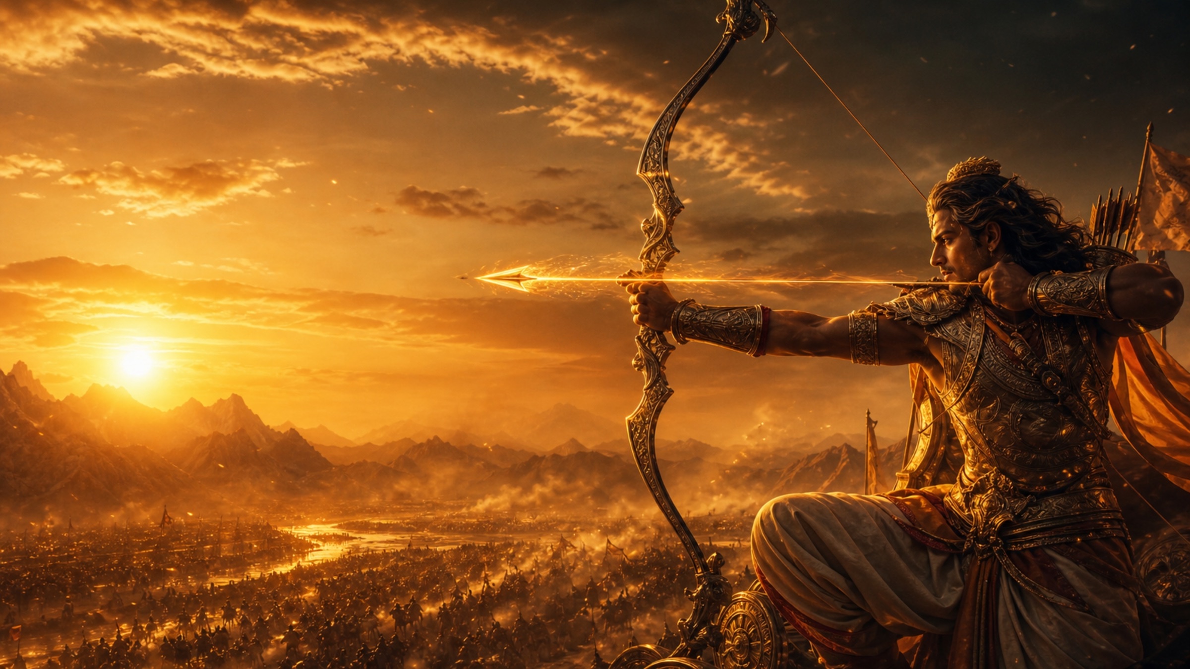 Arjuna-inspired archer aiming at a target